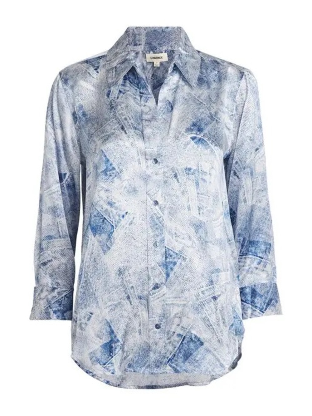 L'AGENCE Silk Dani 3/4 Sleeve Denim Print Blue White Button Up Blouse Small